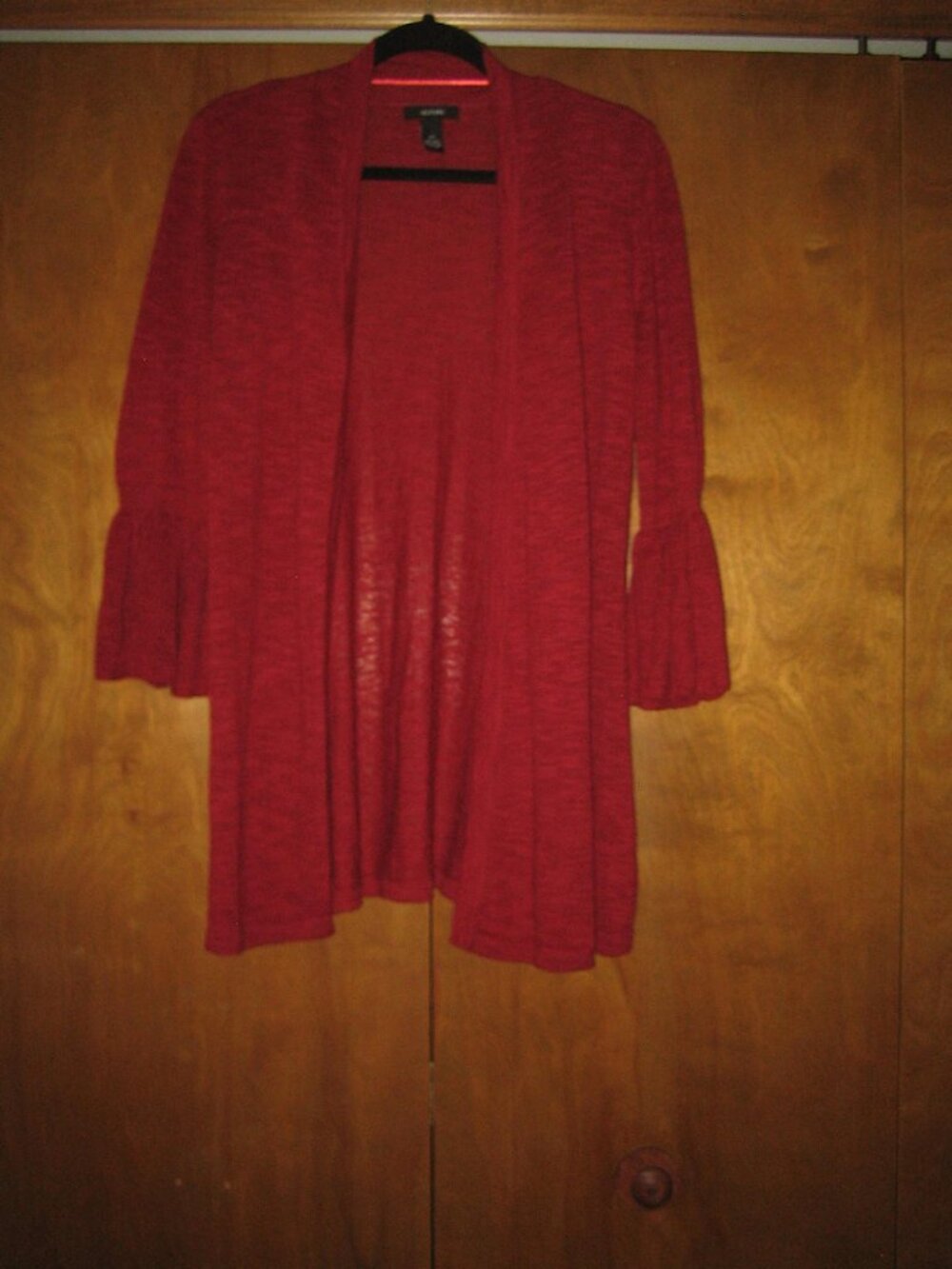 Red Linen Knit Open Front Cardigan. 3/4 Flounce Sleeve. NWOT